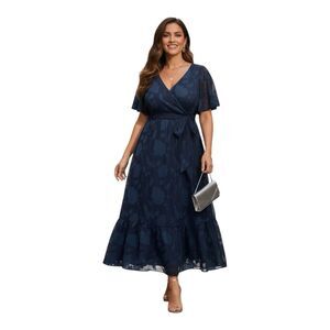 Pinup Fashion Plus Size 20W Blue Short Sleeve V-Neck Maxi Gown Wedding Guest